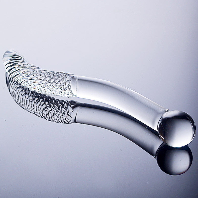 HF10-Spiral Dragon Crystal Glass Penis with Threaded Double Head Massager