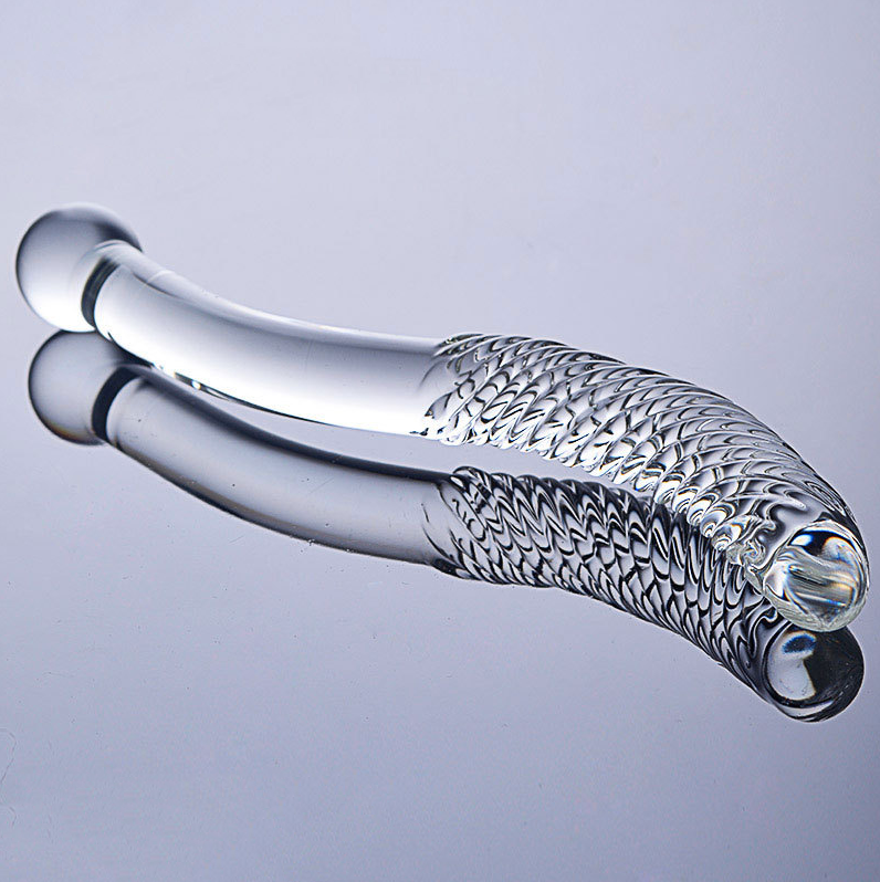 HF10-Spiral Dragon Crystal Glass Penis with Threaded Double Head Massager