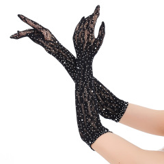 ST010--Sexy Rhinestone-Enhanced Lace Mesh Long Gloves