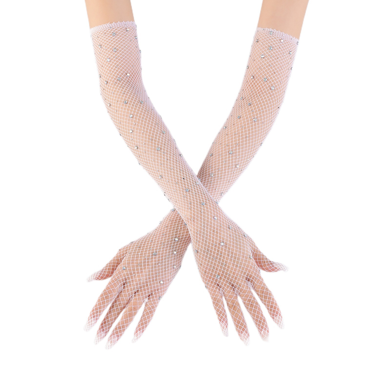 ST004--New Rhinestone Fishnet Long Arm Gloves
