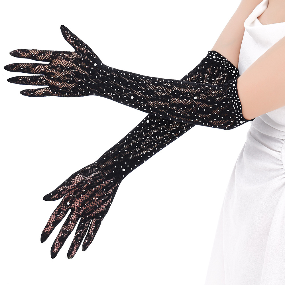 ST010--Sexy Rhinestone-Enhanced Lace Mesh Long Gloves