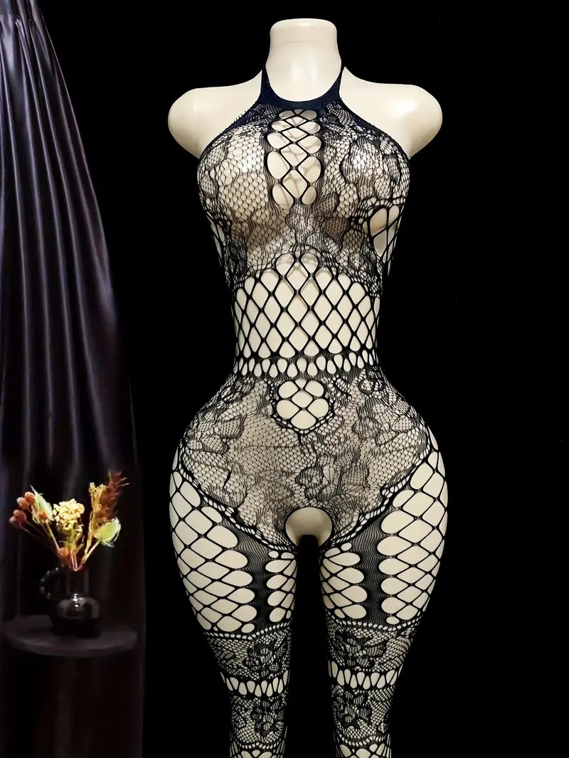 6085--New Sexy Halter-Neck Bodysuit with Open Crotch and Fishnet Stockings