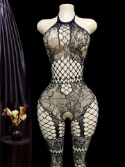 6085--New Sexy Halter-Neck Bodysuit with Open Crotch and Fishnet Stockings
