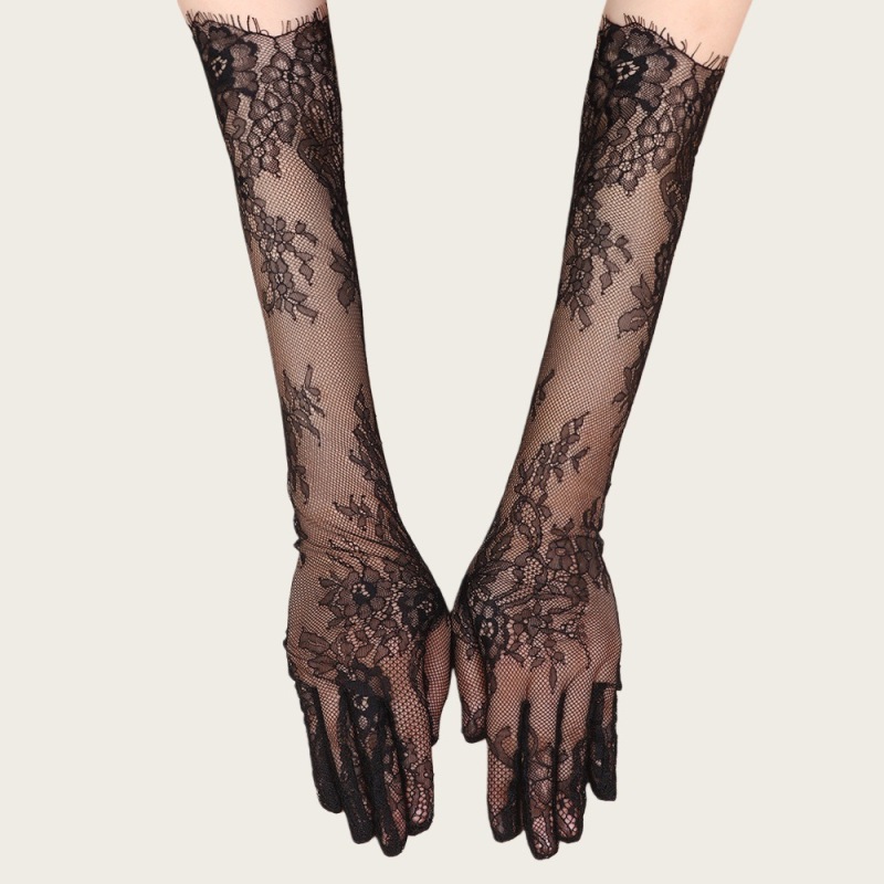ST008--Long lace mesh gloves in black and off-white
