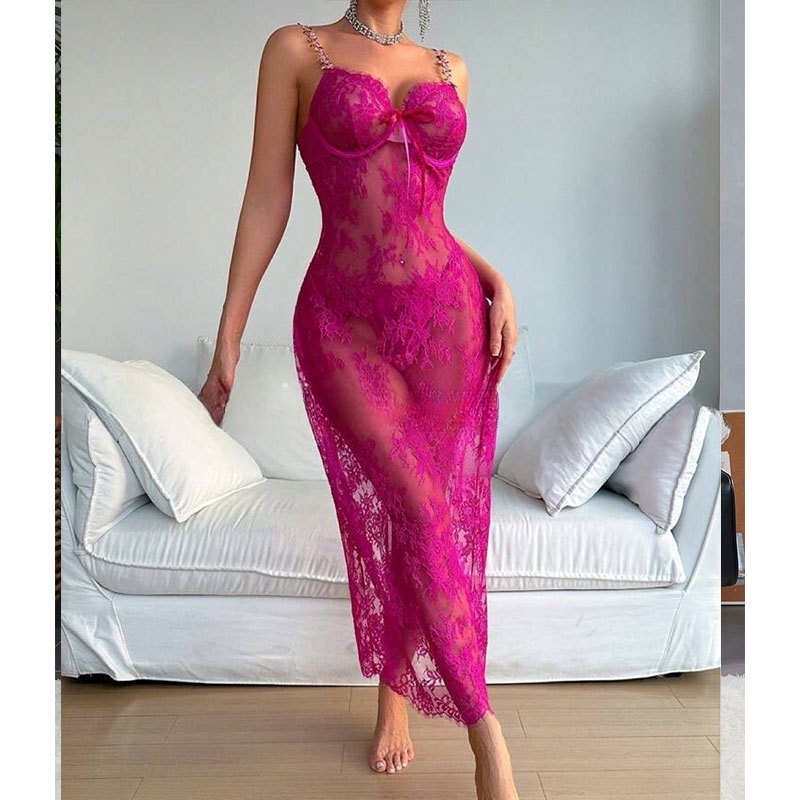 4002--Sheer mesh lace camisole maxi dress with open back