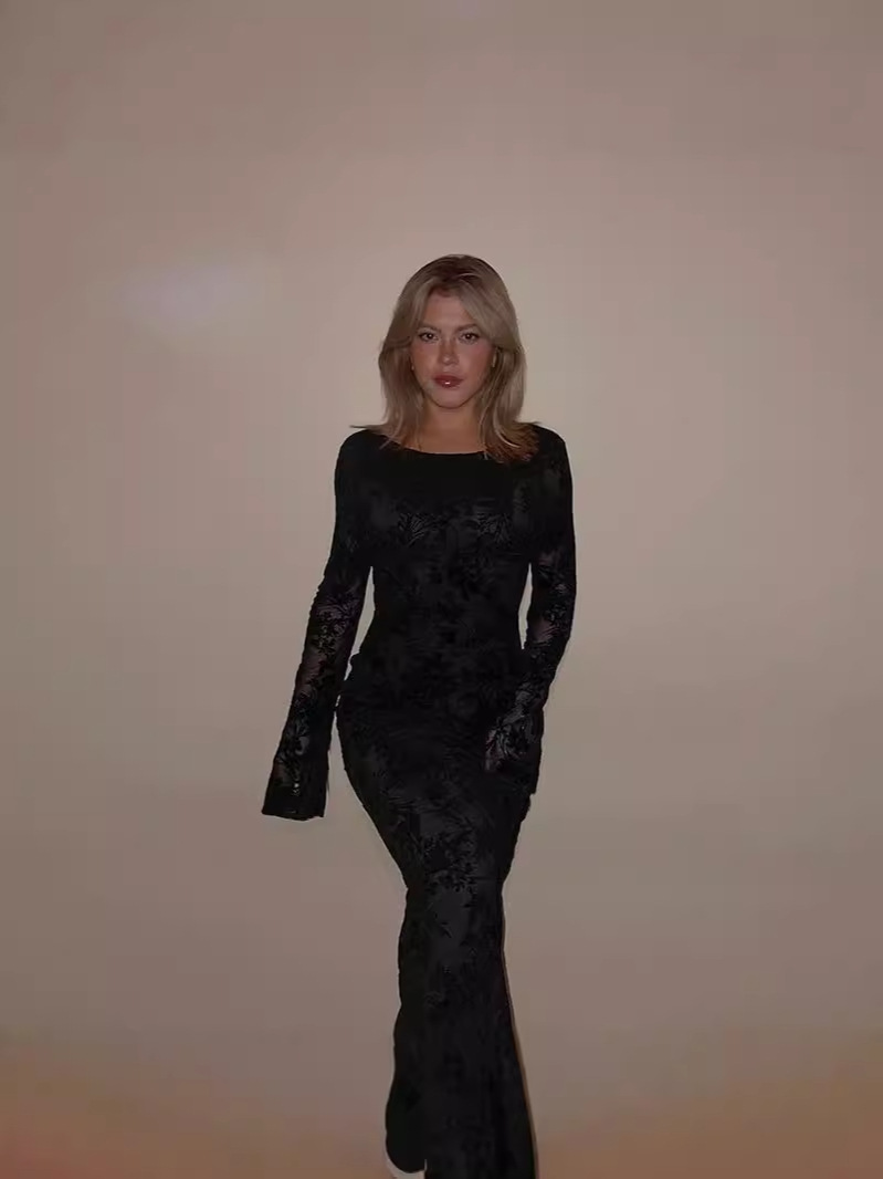 HF342-Backless jacquard mesh lace long-sleeved dress