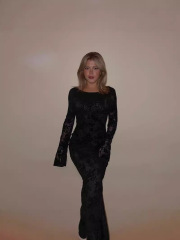 HF342-Backless jacquard mesh lace long-sleeved dress