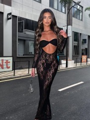95008-Sexy see-through lace-trimmed strapless fishtail dress