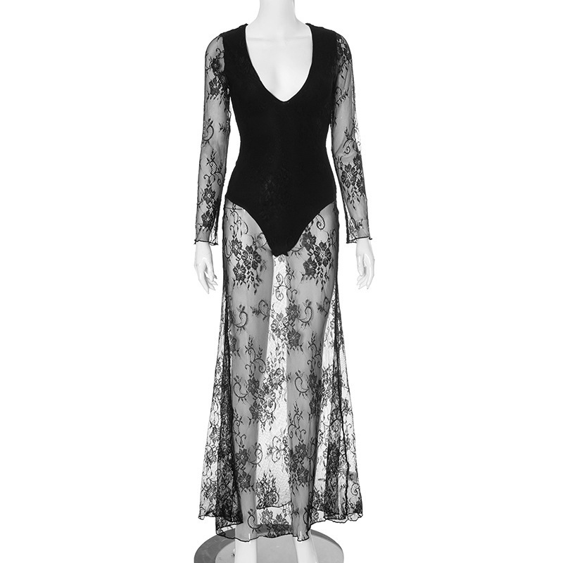 HF17-Deep V-neck lace-trimmed sexy long dress
