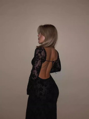 HF342-Backless jacquard mesh lace long-sleeved dress