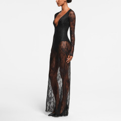 HF17-Deep V-neck lace-trimmed sexy long dress