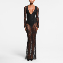 HF17-Deep V-neck lace-trimmed sexy long dress