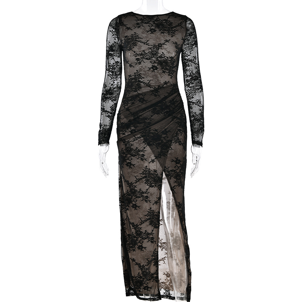 FDC1900-Elegant and sexy sheer lace-trimmed long-sleeved fitted dress with a slit