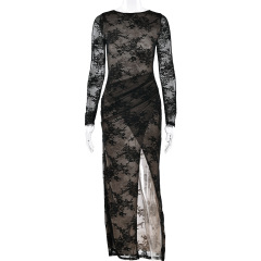 FDC1900-Elegant and sexy sheer lace-trimmed long-sleeved fitted dress with a slit