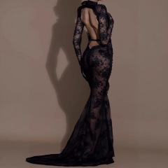 ppy25090208-Sexy long-sleeved lace sequined three-dimensional floral backless dress