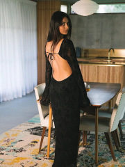 HF342-Backless jacquard mesh lace long-sleeved dress