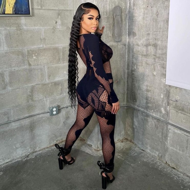 F00220QL-Sexy long-sleeved high-knit lace cutout bodysuit