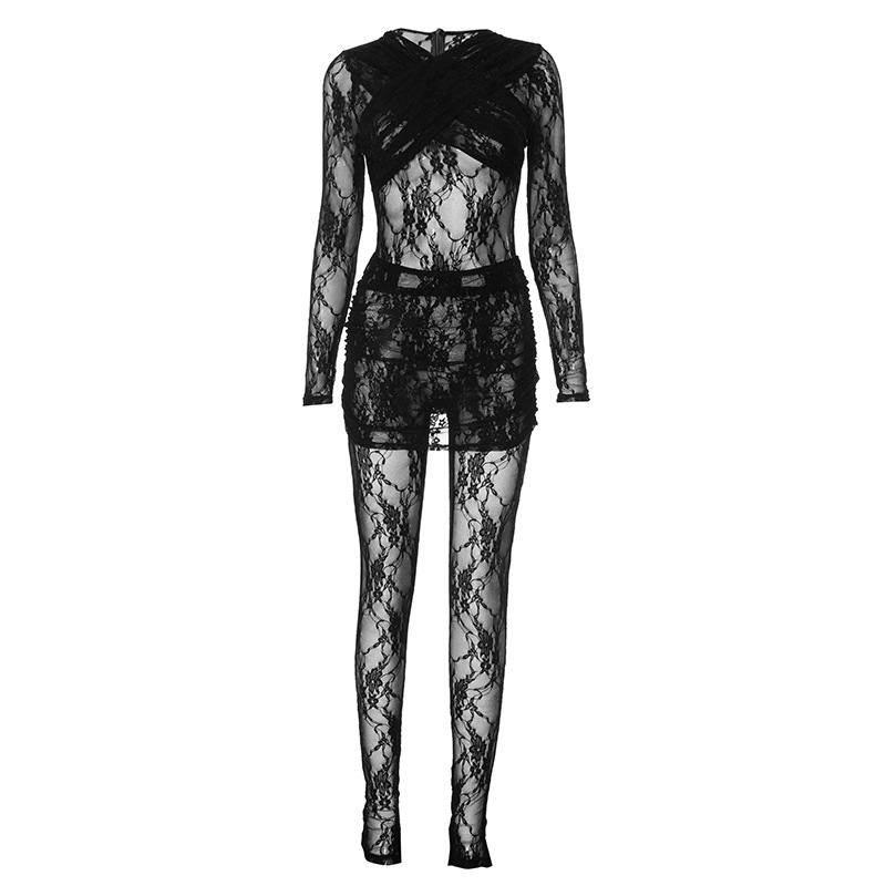 R23ST188--New Patchwork Lace Sheer Jumpsuit Dress Two-Piece Set