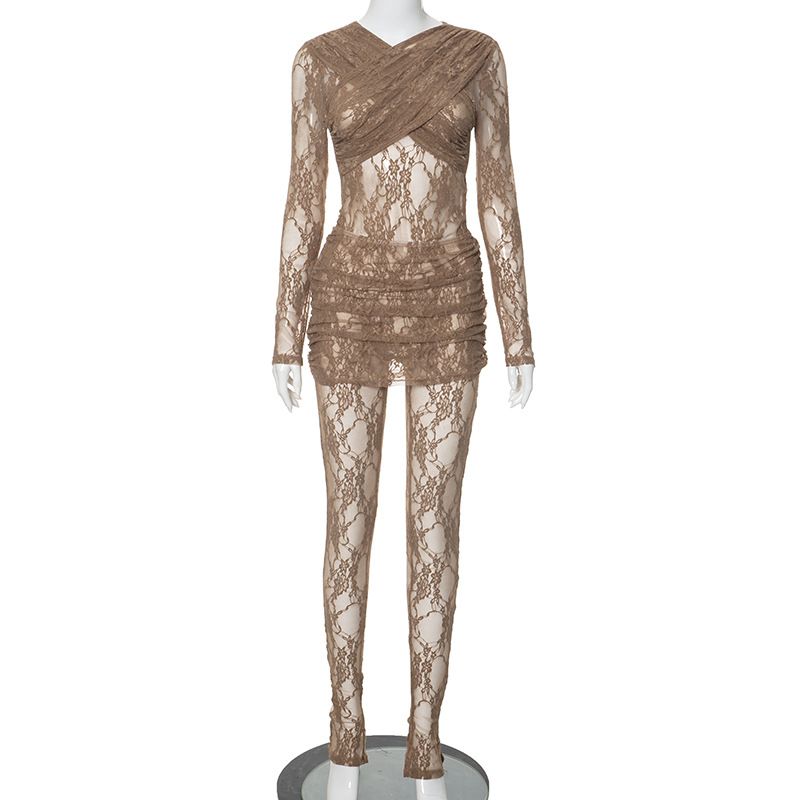 R23ST188--New Patchwork Lace Sheer Jumpsuit Dress Two-Piece Set