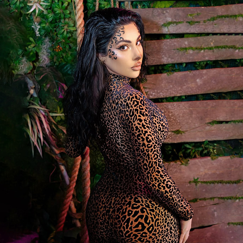 K25Q76257-Stylish and sexy leopard print high-waisted slim-fitting bodycon long-sleeved jumpsuit