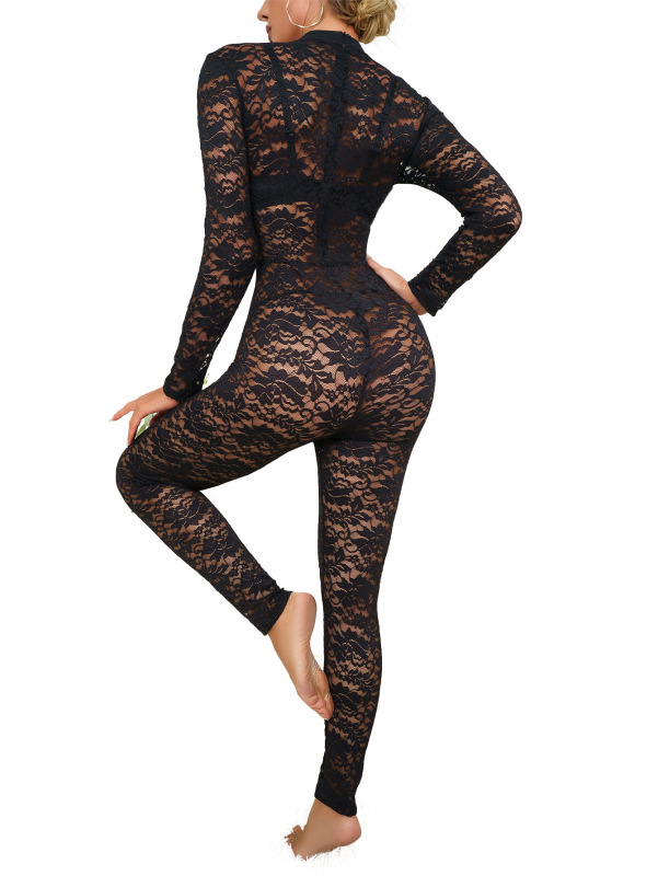 Y03629-Sexy hot girl in black lace jacquard see-through jumpsuit