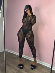 DY6699-Long-sleeved, all-lace backless jumpsuit