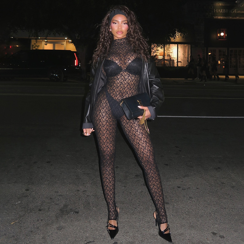 Y24JP659-High-necked lace sexy see-through fishnet stockings zipper jumpsuit