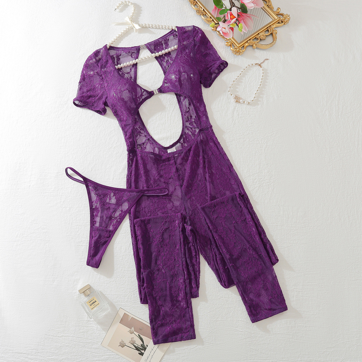 XZ4402A--New Purple Sexy Lace Hollow-Out Crop Top See-Through Bodysuit