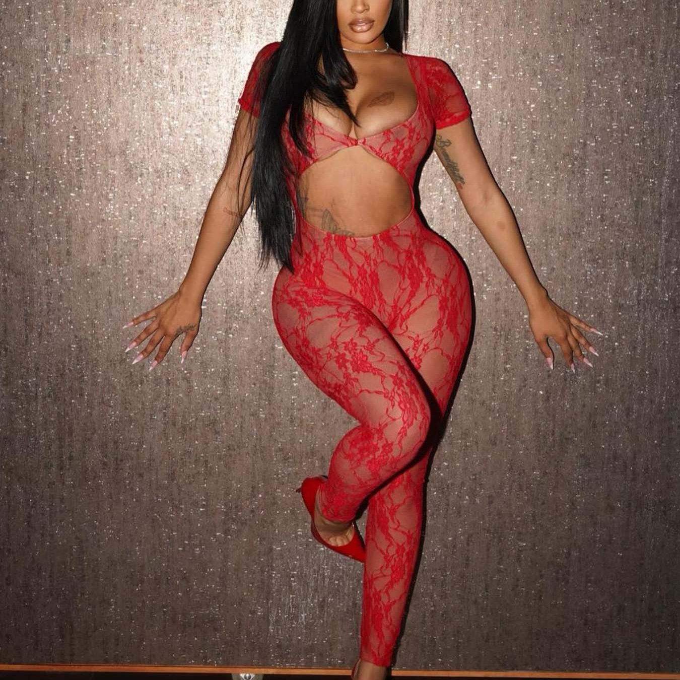 HR24012--Sexy Lace-Sleeved Crop Top Bodysuit