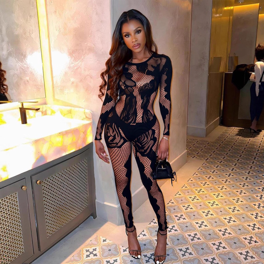 F00220QL-Sexy long-sleeved high-knit lace cutout bodysuit
