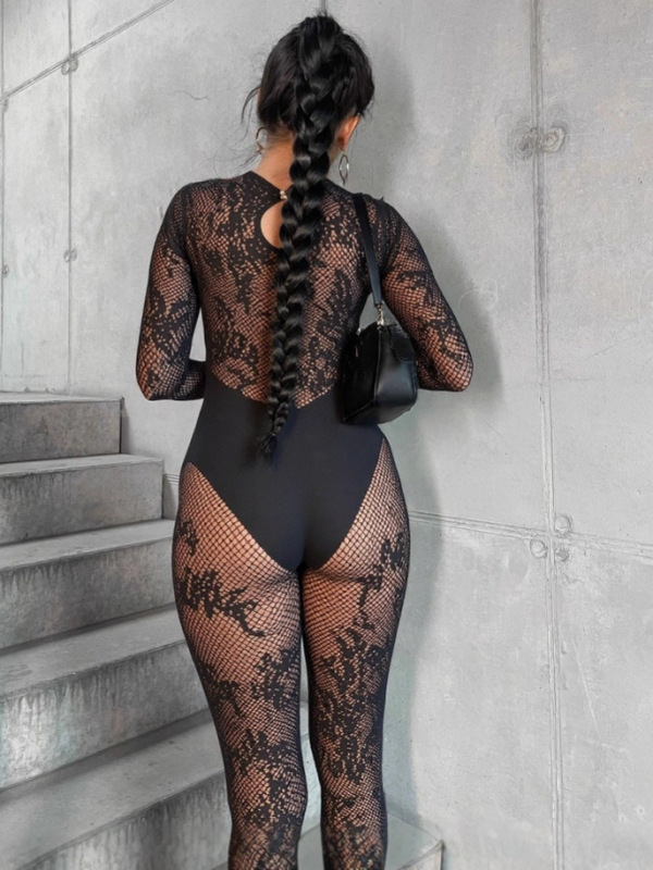 F00231QL-High-needle lace sexy cutout black jumpsuit