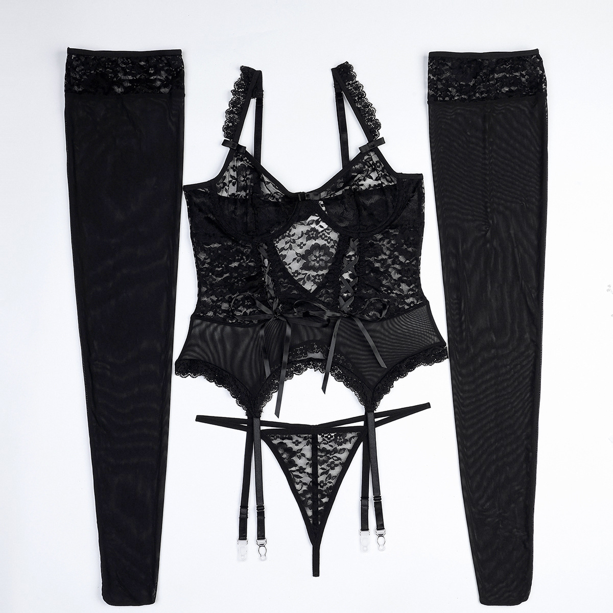 3573--4-Piece Sexy Lingerie Set: Lace Cut-Out with Lace-Up Detail