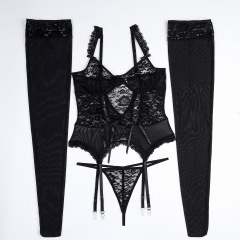 3573--4-Piece Sexy Lingerie Set: Lace Cut-Out with Lace-Up Detail