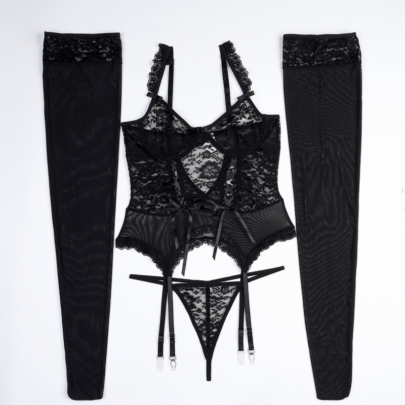 3573--4-Piece Sexy Lingerie Set: Lace Cut-Out with Lace-Up Detail