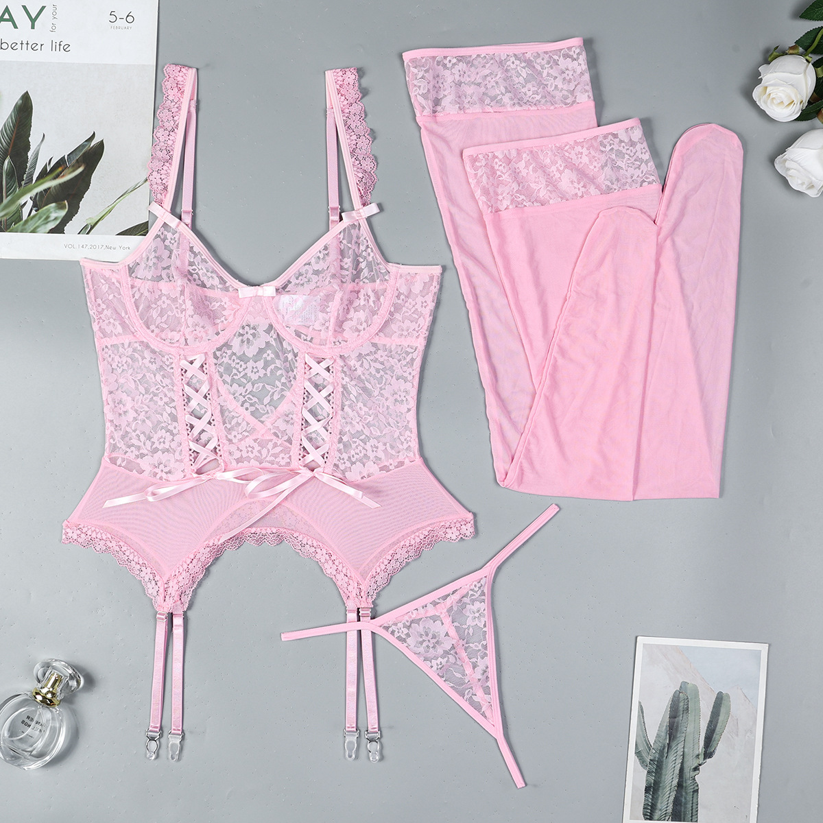 3573--4-Piece Sexy Lingerie Set: Lace Cut-Out with Lace-Up Detail