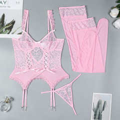 3573--4-Piece Sexy Lingerie Set: Lace Cut-Out with Lace-Up Detail