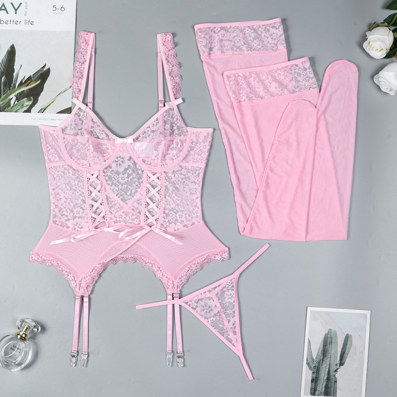 3573--4-Piece Sexy Lingerie Set: Lace Cut-Out with Lace-Up Detail