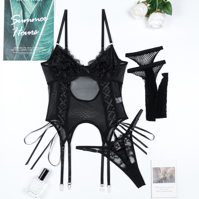 3756--Sexy 3-Piece Lace Lingerie Set with Bows and Straps