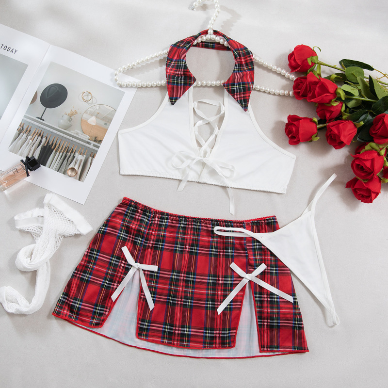 3790--4-Piece Sexy Red Plaid Uniform-Style Lingerie Set with Strappy Thong