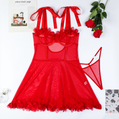 3762--Cute Floral-Tie Sheer Lingerie Set with Flared Skirt