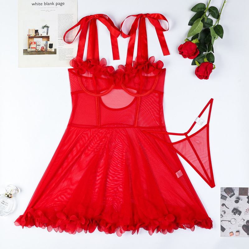 3762--Cute Floral-Tie Sheer Lingerie Set with Flared Skirt