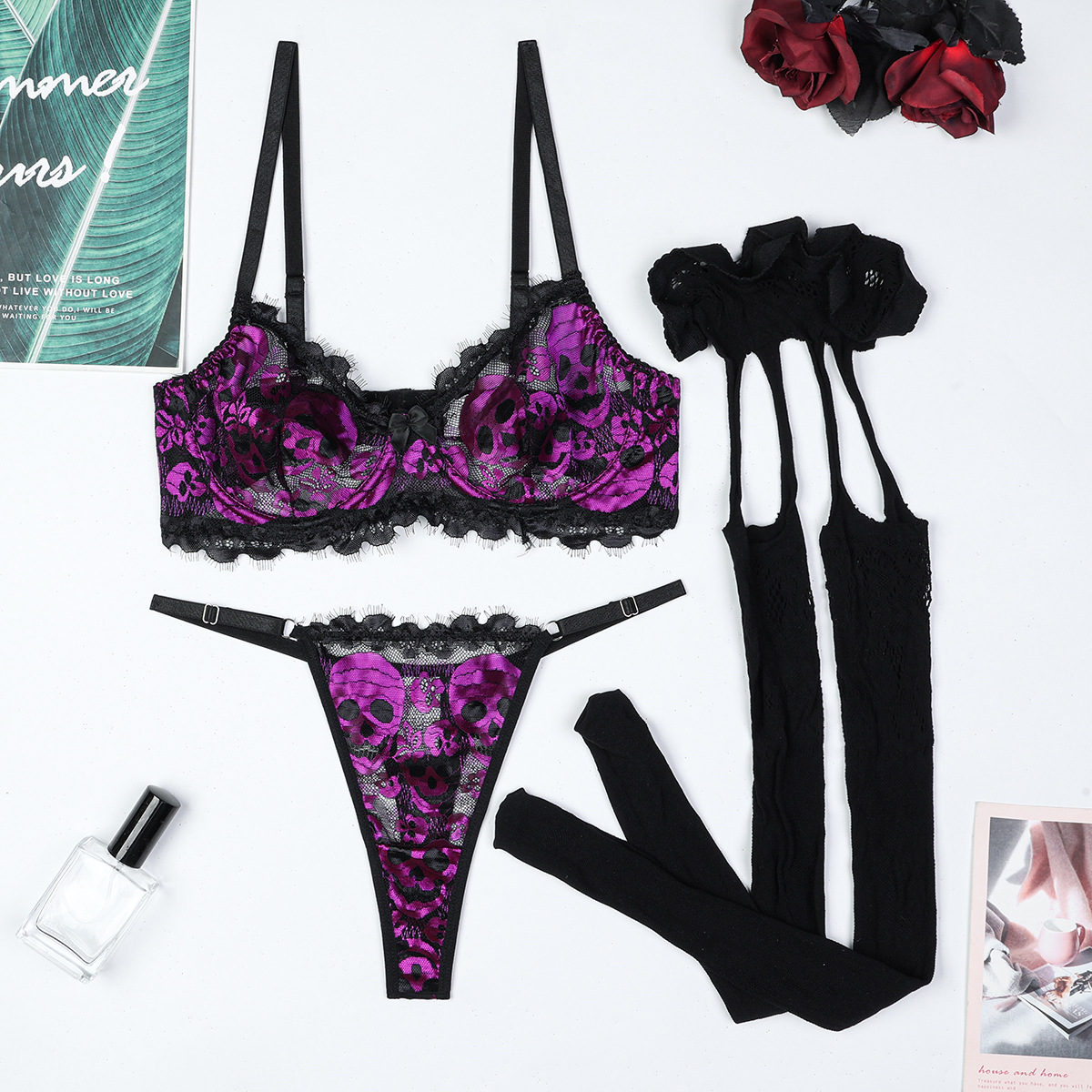 3711--Sexy Purple and Black Color-Block Lingerie Set with Skull Motif (3-Piece Set)