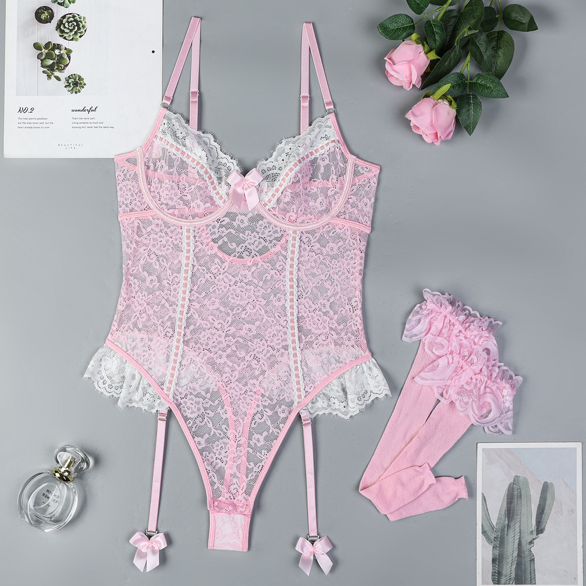 3751--Lace-Trimmed Stretch Bodysuit and Stockings Set