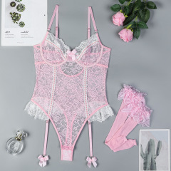 3751--Lace-Trimmed Stretch Bodysuit and Stockings Set