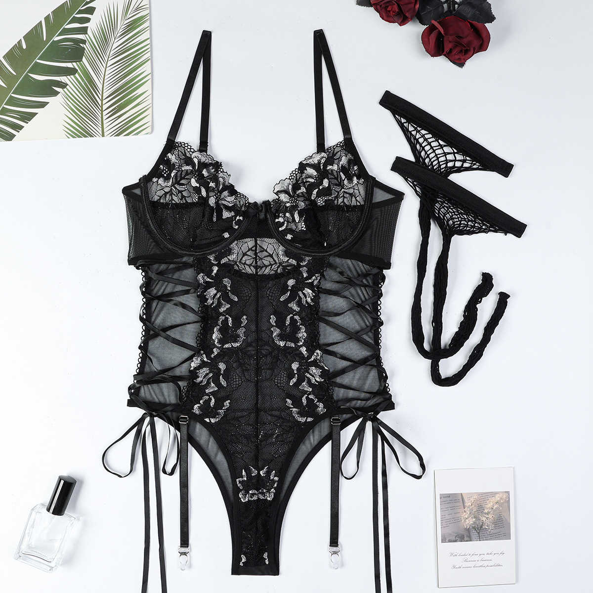 3829--Lace Cut-out Underwired Cami Bodysuit Set