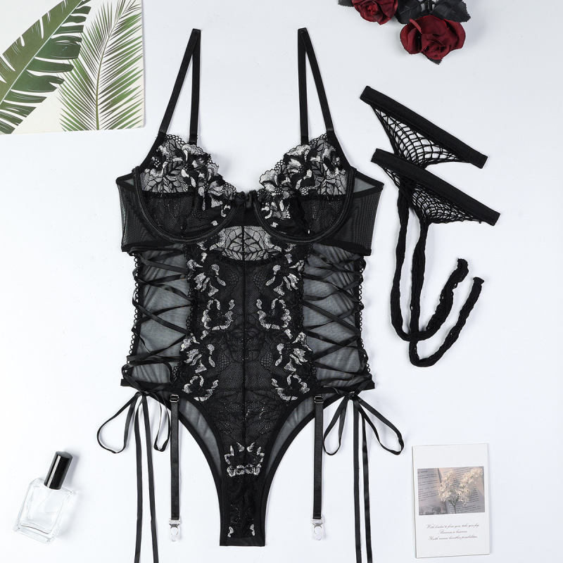 3829--Lace Cut-out Underwired Cami Bodysuit Set