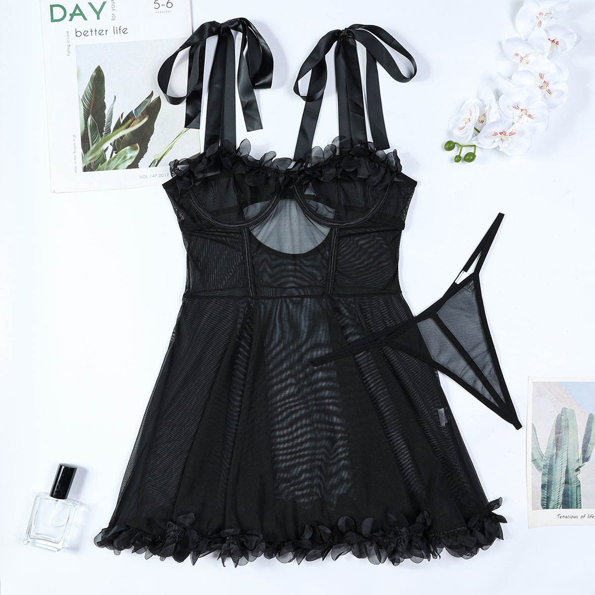 3762--Cute Floral-Tie Sheer Lingerie Set with Flared Skirt