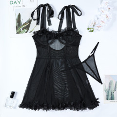 3762--Cute Floral-Tie Sheer Lingerie Set with Flared Skirt