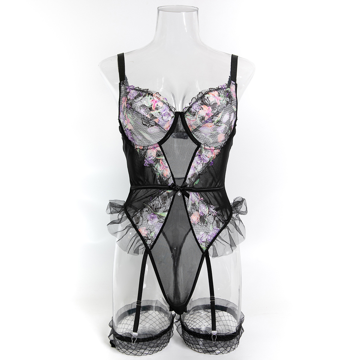 3802--Embroidered Patchwork Lingerie Bodysuit and Fishnet Stockings Set