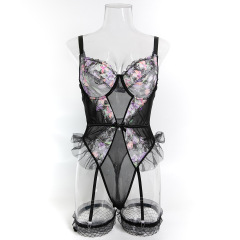 3802--Embroidered Patchwork Lingerie Bodysuit and Fishnet Stockings Set